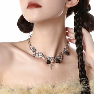 Black Rose Gothic Charm Necklace – Midnight Garden Cross Drop